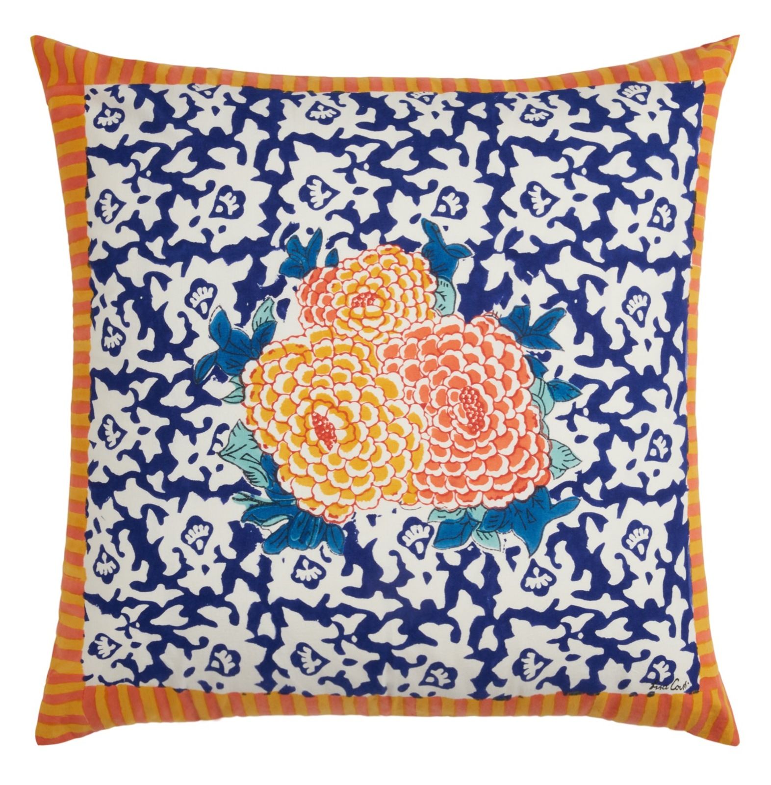 Cotton Cushion Cover 60x60cm Arabesque Corolla Blue Natural