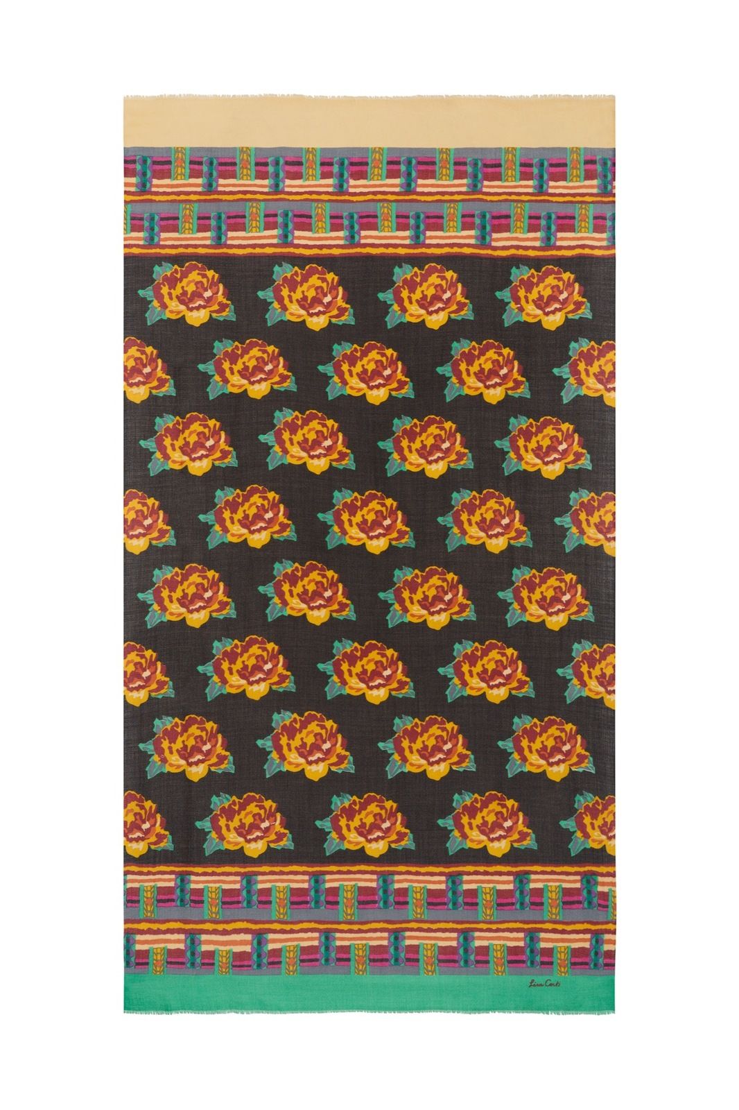 Wool Silk Scarf 100x200cm Tamale Peony Black