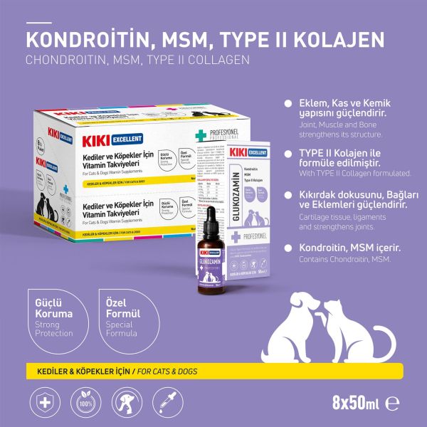 KIKI Excellent Kedi & Köpek Glukozamin & Kondroitin & Type II Kolajen & MSM Şurup 50 ml. 8 Adet (Kutu)