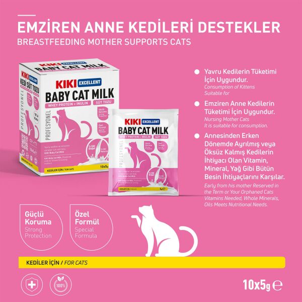 KIKI Excellent Kedi Süt Tozu Saşe (Whey Protein & İnulin) 5 gr. 10 Adet (Kutu)