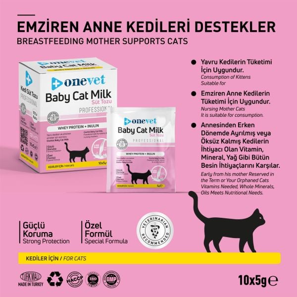 OneVet Kedi Süt Tozu Saşe (Whey Protein & İnulin) 5 gr. 10 Adet (Kutu)