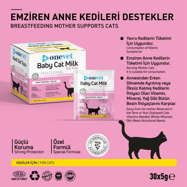 OneVet Kedi Süt Tozu Saşe (Whey Protein & İnulin) 5 gr. 30 Adet (Kutu)