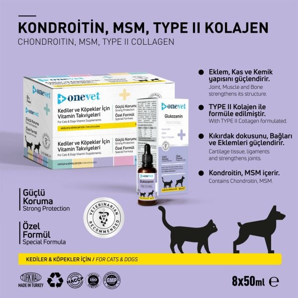 OneVet Kedi & Köpek Glukozamin & Kondroitin & Type II Kolajen & MSM Şurup 50 ml. 8 Adet (Kutu)