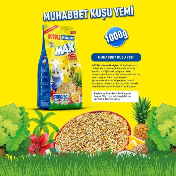 KIKI Excellent Kuş Max Menu Budgies Ballı Muhabbet Kuşu Yemi 1000 Gr. 8 Adet (Kutu)