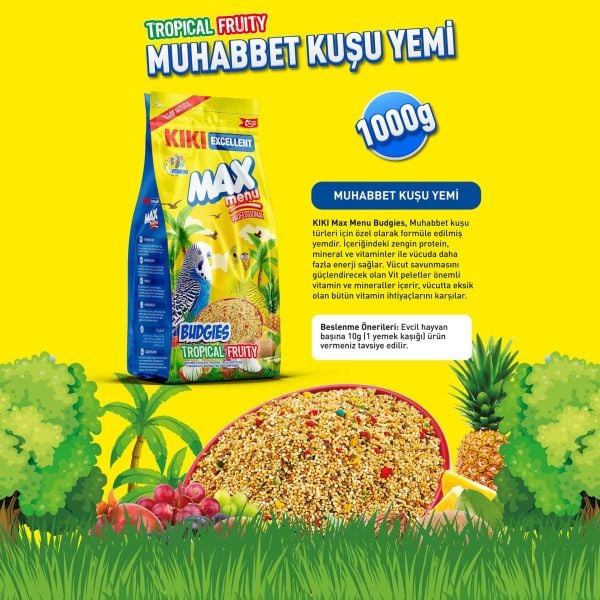 KIKI Excellent Kuş Max Menu Tropikal Meyveli Muhabbet Kuşu Yemi 1000 Gr. 8 Adet (Kutu) KB312B8