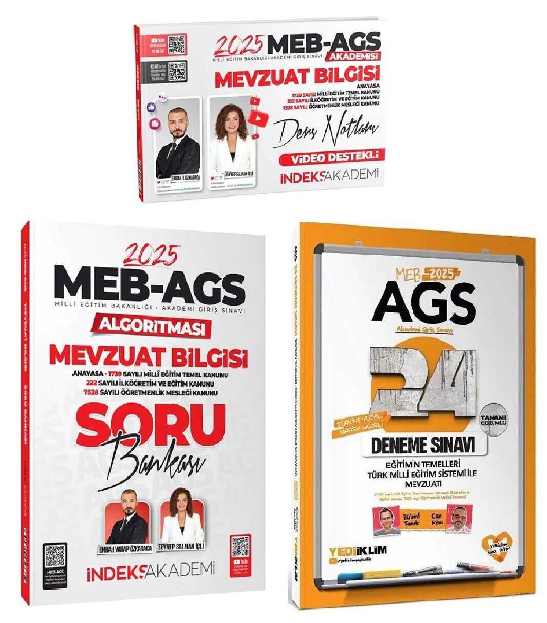 Yediiklim + İndeks 2025 MEB-AGS Eğitimin Temel + Mevzuat Ders Notları + Soru + 24 Deneme 3 lü Set