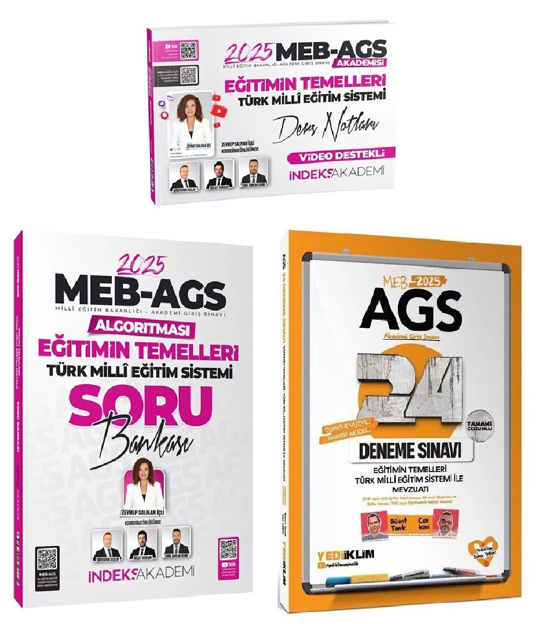 Yediiklim + İndeks 2025 MEB-AGS Eğitimin Temelle + Mevzuat Ders Notları + Soru + 24 Deneme 3 lü Set