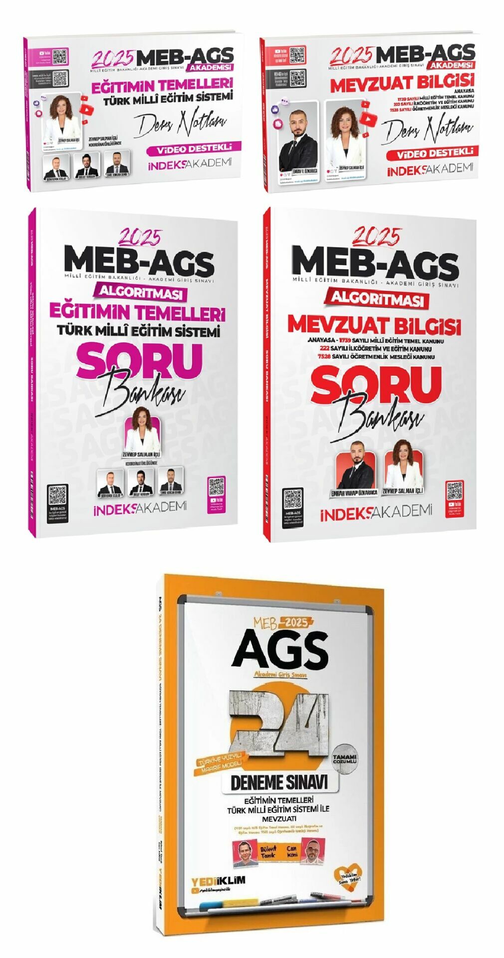 Yediiklim + İndeks 2025 MEB-AGS Eğitimin Temelleri + Mevzuat Bilgisi Ders Notları + Soru + 24 Deneme 5 li Set