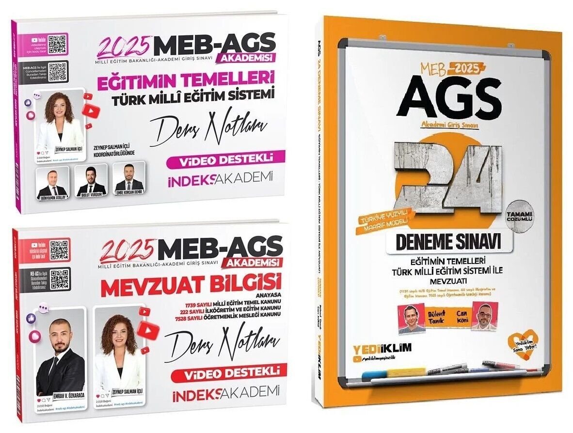 Yediiklim + İndeks 2025 MEB-AGS Eğitimin Temelleri + Mevzuat Ders Notları + 24 Deneme 3 lü Set