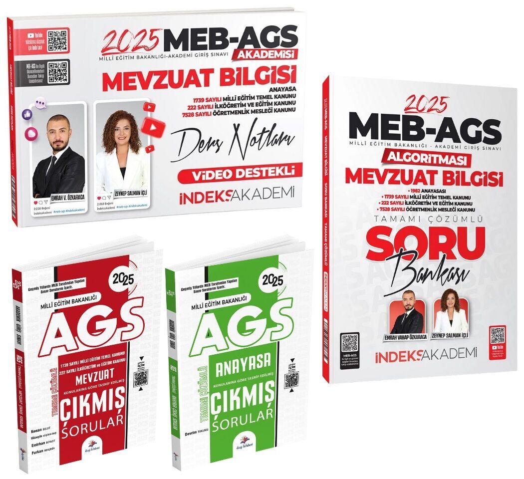 İndeks + Dizgi 2025 MEB-AGS Akademisi Mevzuat + Anayasa Ders Not + Soru + Çıkmış Sorular 4 lü Set