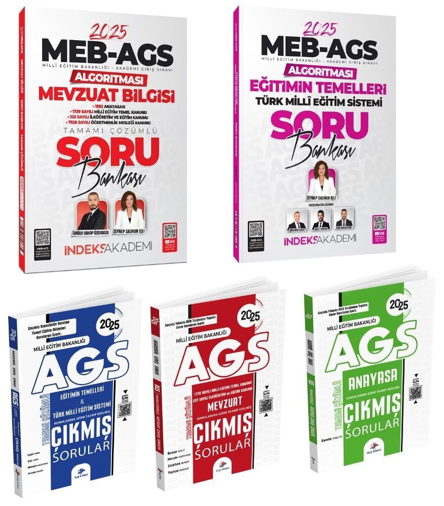 İndeks + Dizgi 2025 MEB-AGS Eğitimin Temelleri + Mevzuat + Anayasa Soru + Çıkmış Sorular 5 li Set