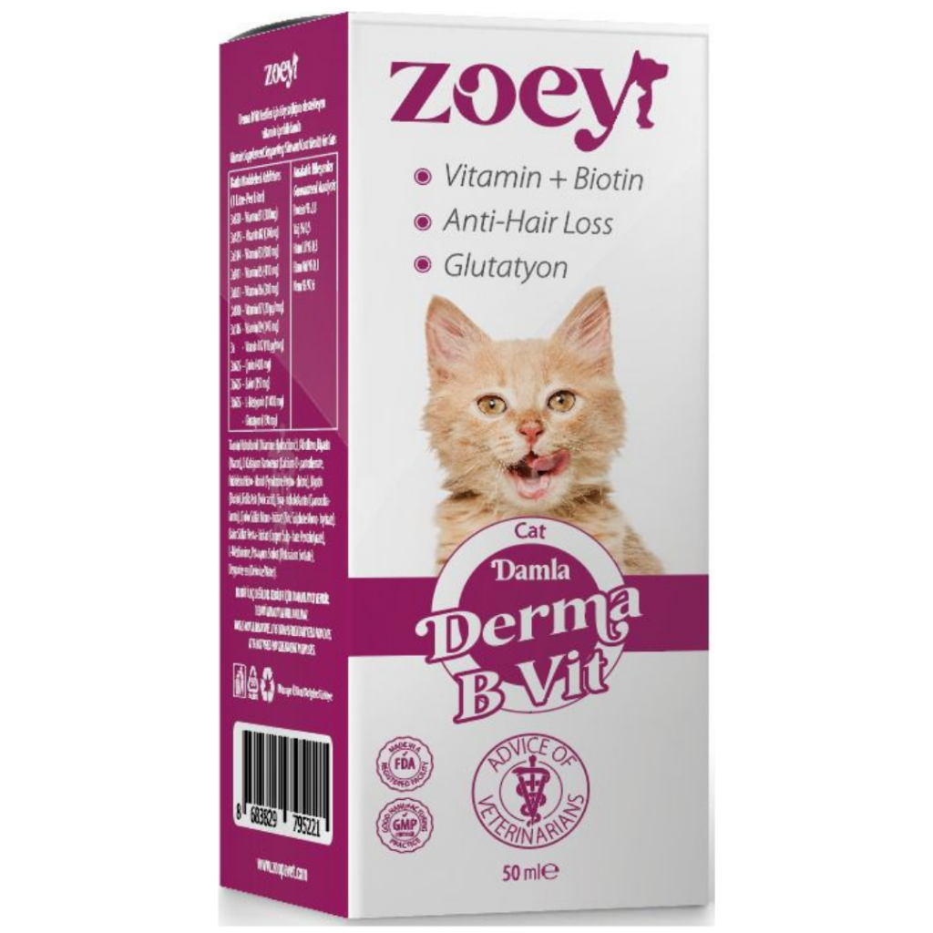 Zoey Derma B Vit Kediler İçin Deri Ve Tüy Sağlığı Gelişimini Destekleyici Damla 50 Ml