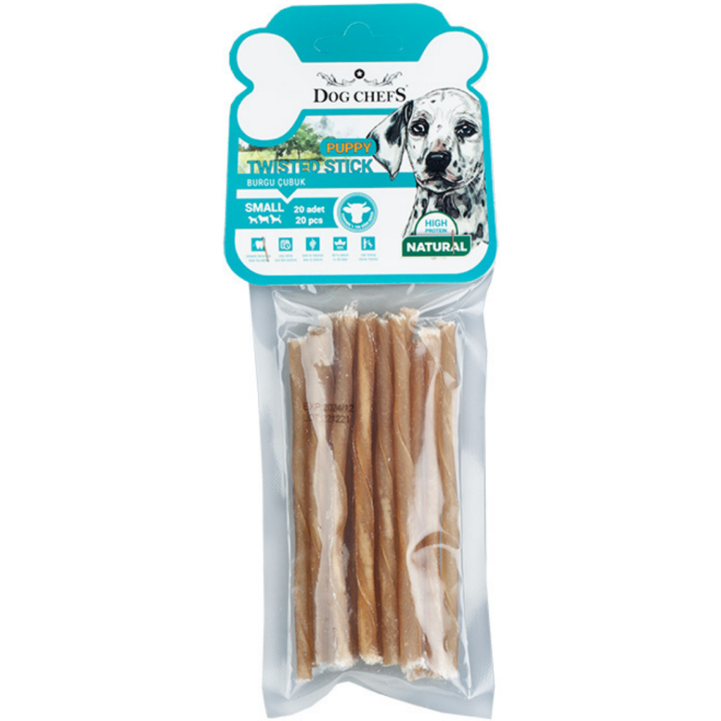Dog Chefs Puppy Twisted Stick Natural İnce Burgu Çubuk Kemik Köpek Ödülü Small 20 Li Paket
