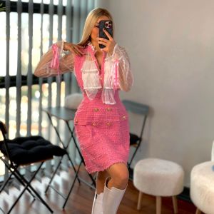 Özel Tasarım Tül Detaylı Pembe Elbise