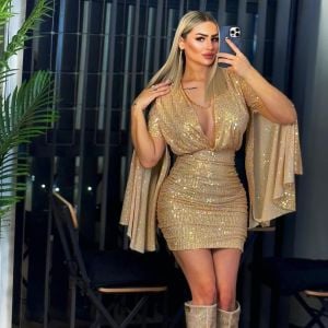 Gold Rengi Payet Yarasa Elbise