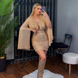 Gold Rengi Payet Yarasa Elbise