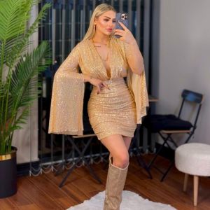 Gold Rengi Payet Yarasa Elbise