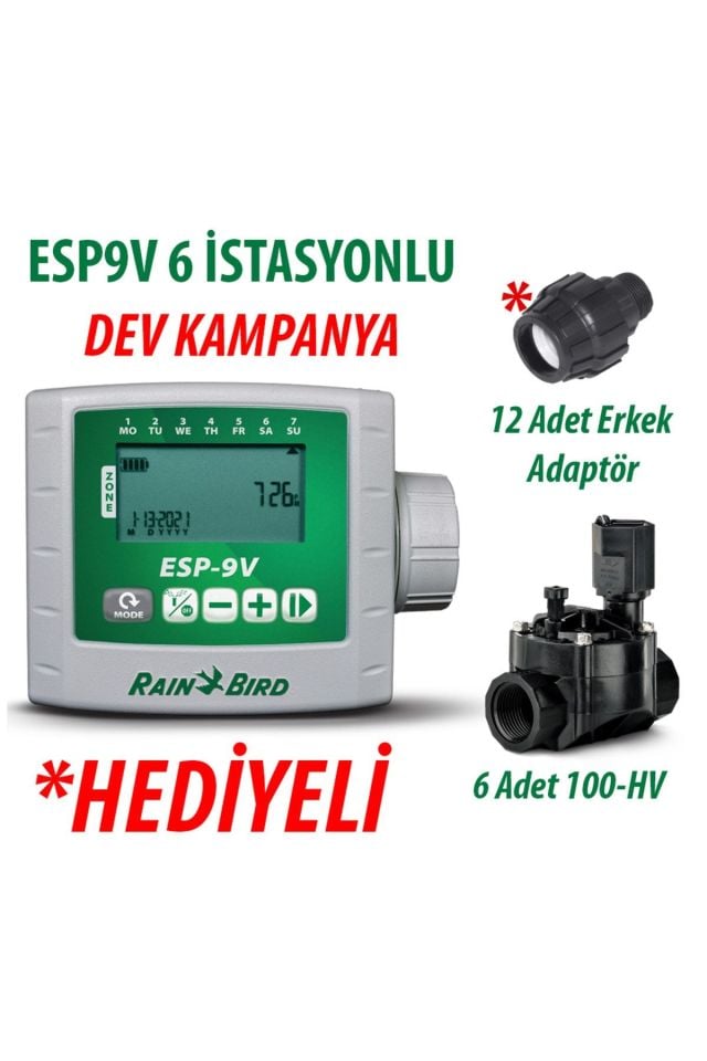 Rain Bird ESP9VI6 Pilli Kontrol Ünitesi 9V. 6 İstasyonlu ve 6 Adet 100HV 9V. Vana Seti