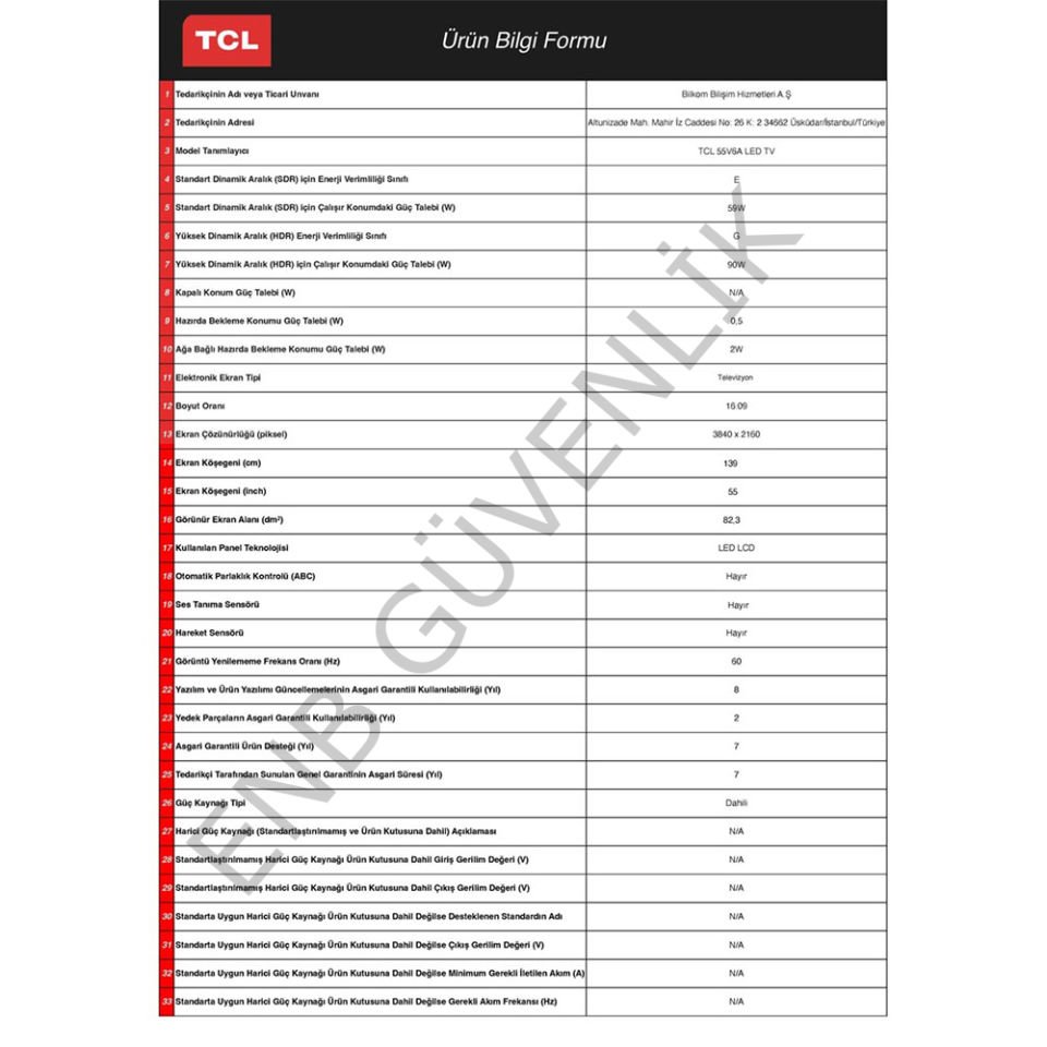 TCL 55V6A TV 55” 139 Ekran Uydu Alıcılı 4K Ultra HD LED TV