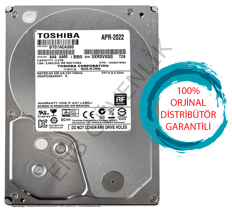 3TB Toshiba 7200RPM 3.5 SATA3 64MB Güvenlik Kamerası Diski