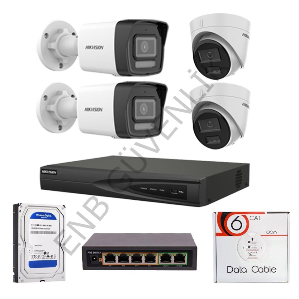 HİKVİSİON 4 KAMERALI 2 MP SMART HYBRİT COLOR MİKROFONLU İÇ - DIŞ MEKAN İP KAMERA SETİ