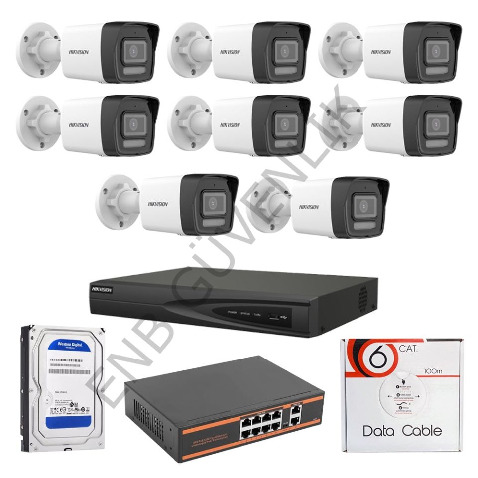 HİKVİSİON 8 KAMERALI 2 MP SMART HYBRİT COLOR MİKROFONLU DIŞ MEKAN İP KAMERA SETİ