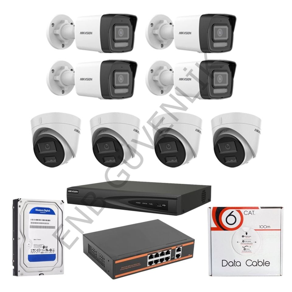 HİKVİSİON 8 KAMERALI 2 MP SMART HYBRİT COLOR MİKROFONLU İÇ - DIŞ MEKAN İP KAMERA SETİ