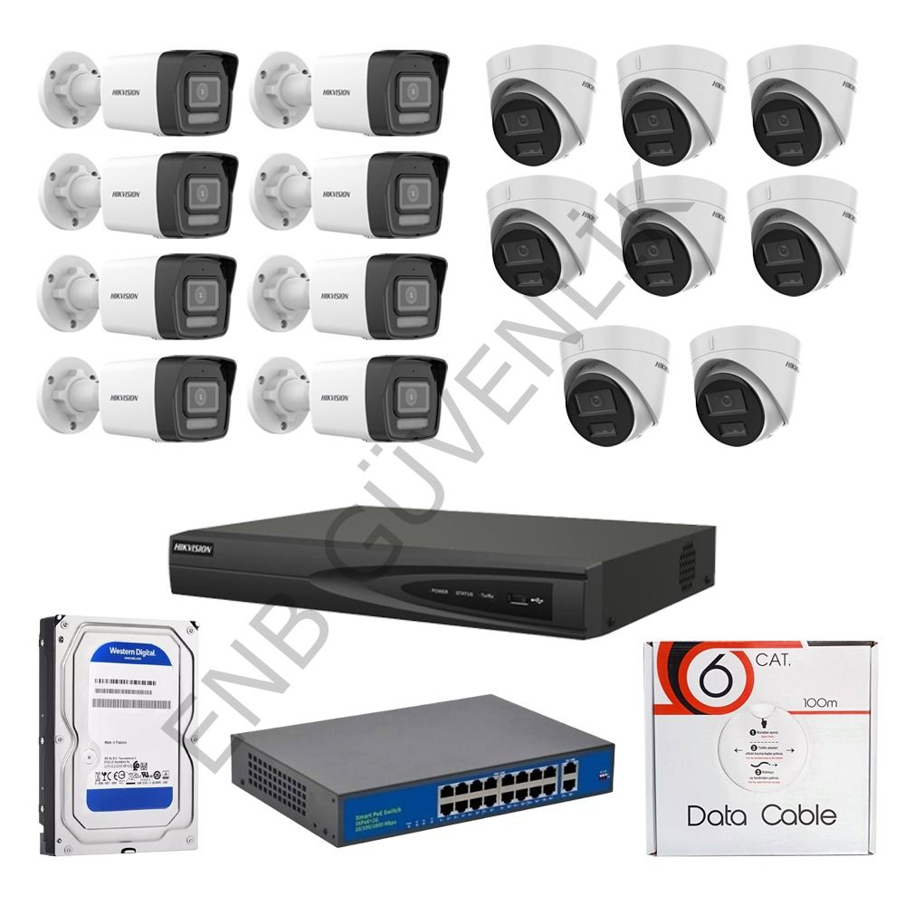 HİKVİSİON 16 KAMERALI 2 MP SMART HYBRİT COLOR MİKROFONLU İÇ - DIŞ MEKAN İP KAMERA SETİ