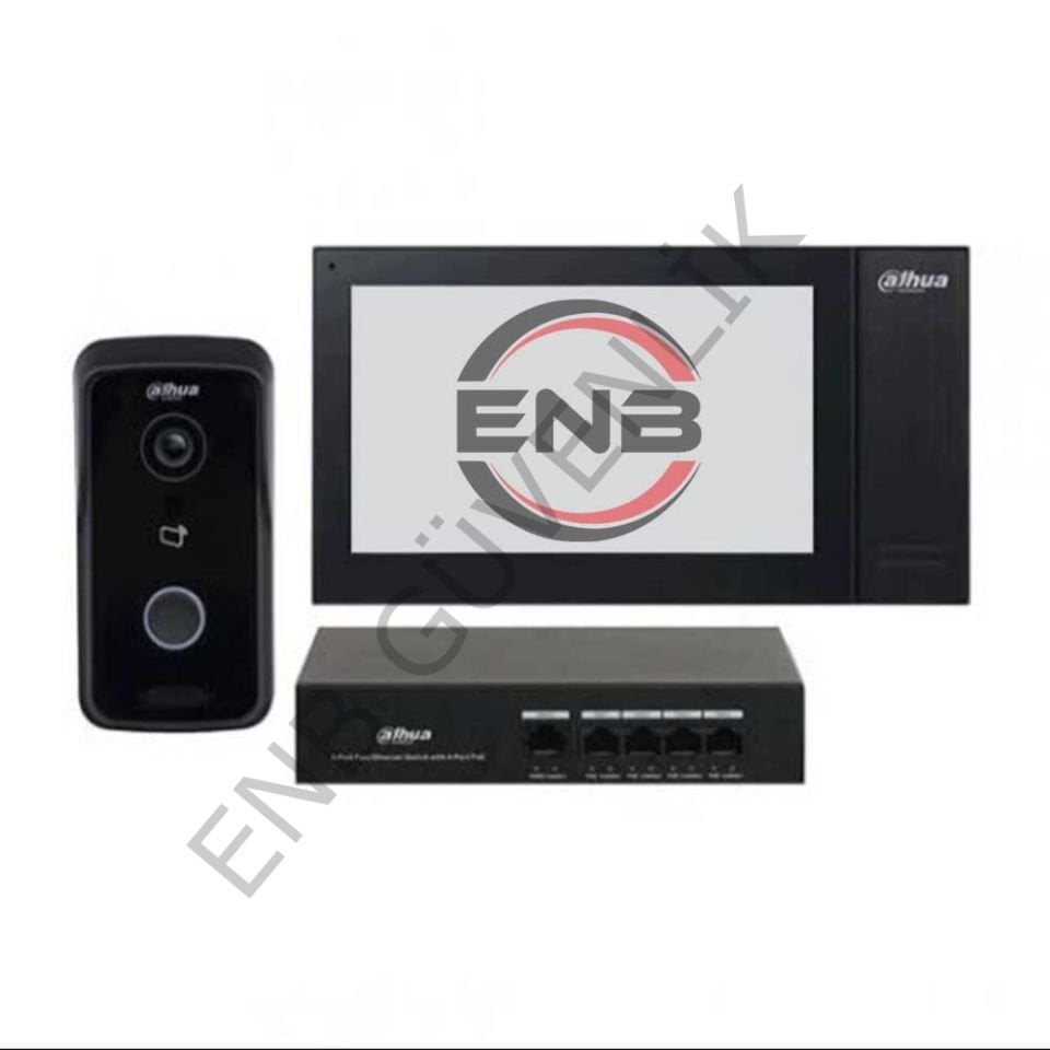 Dahua KTP02 Kablolu (Cat6) 7 Tft Ekran ve Kapı Paneli + 4 Port Switch Siyah Ip Villa Interkom Set