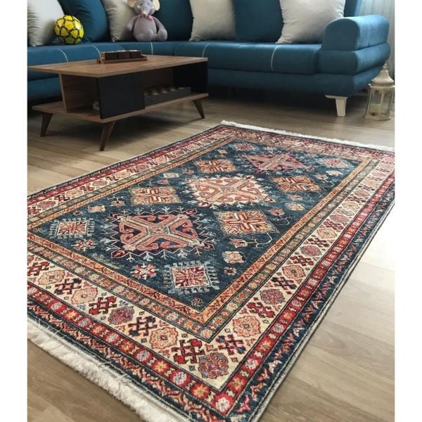Halımax Dara 174 Yıkanabilir Kaymaz Dokuma Tabanlı Lacivert Çerçeveli Otantik Desenli Halı 120x250