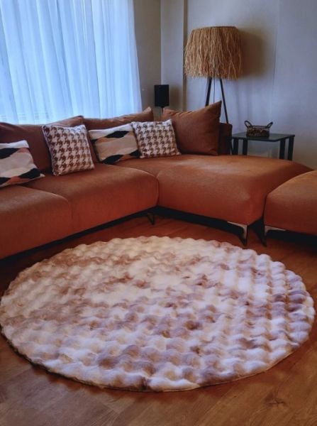 Ekstra Yumuşak Dokulu Multi Bej Bubble Tavşan Tüyü Darcio Yuvarlak Post Peluş Halı