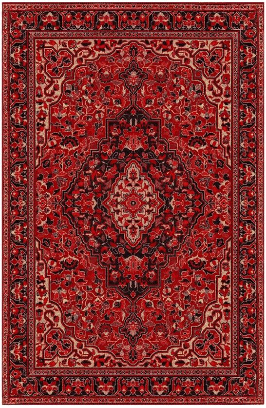 Drom Kaymaz Tabanlı Yıkanabilir Kırmızı Siyah Etnik Desenli Vintage Şönil Salon Halısı