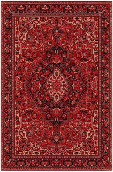 Drom Kaymaz Tabanlı Yıkanabilir Kırmızı Siyah Etnik Desenli Vintage Şönil Salon Halısı
