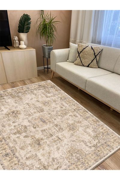 Drom Kaymaz Tabanlı Yıkanabilir Vintage Görünümlü Bej Motifli Etnik Salon ve Mutfak Halısı