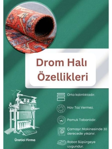 Drom Kaymaz Tabanlı Yıkanabilir Geleneksel Motifli Bej Salon Mutfak Halısı