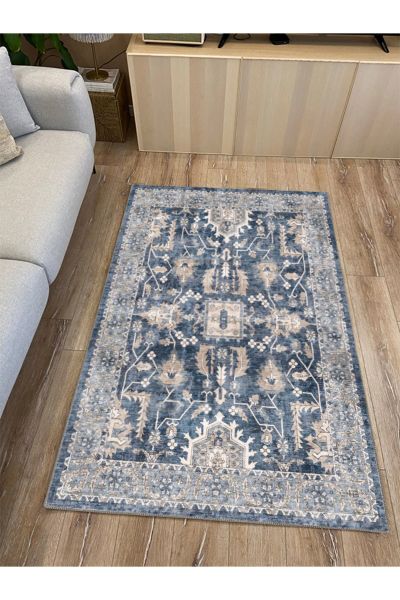 Drom Kaymaz Tabanlı Yıkanabilir Mavi Multi Modern Antre Hol Salon Mutfak Halısı