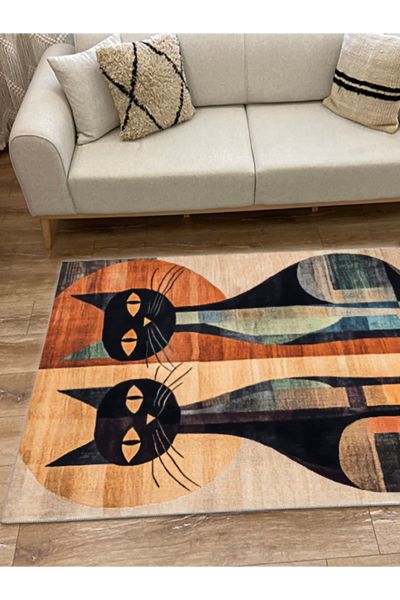 Drom Kaymaz Tabanlı Yıkanabilir Kedi Figürlü Modern Salon Koridor Mutfak Halısı