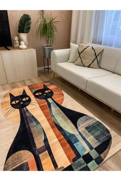 Drom Kaymaz Tabanlı Yıkanabilir Kedi Figürlü Modern Salon Koridor Mutfak Halısı