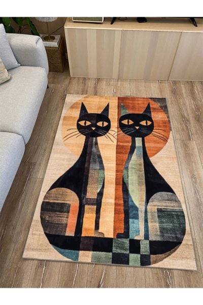 Drom Kaymaz Tabanlı Yıkanabilir Kedi Figürlü Modern Salon Koridor Mutfak Halısı