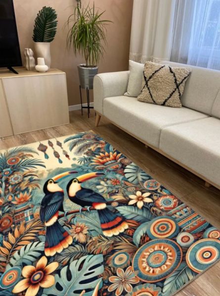 Drom Kaymaz Tabanlı Yıkanabilir Papağan Figürlü Modern Salon Koridor Mutfak Halısı