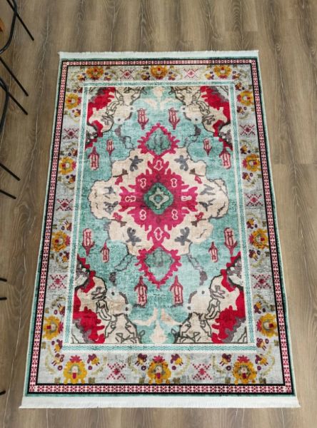 Drom Kaymaz Tabanlı Yıkanabilir Turkuaz Etnik Modern Salon Koridor Mutfak Halısı