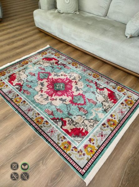 Drom Kaymaz Tabanlı Yıkanabilir Turkuaz Etnik Modern Salon Koridor Mutfak Halısı
