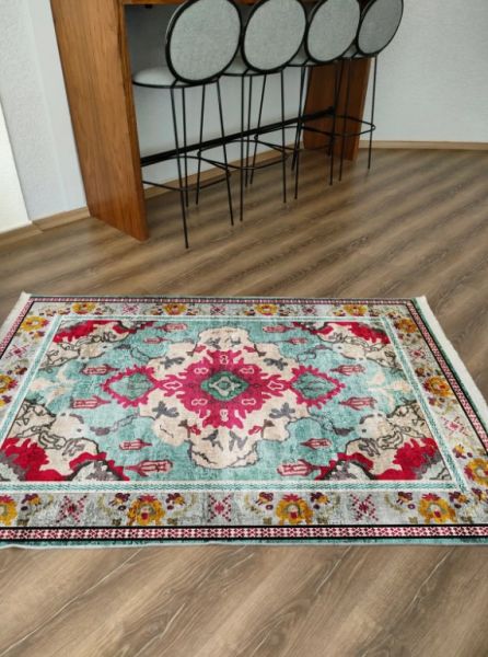 Drom Kaymaz Tabanlı Yıkanabilir Turkuaz Etnik Modern Salon Koridor Mutfak Halısı