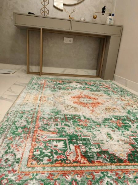 Drom Kaymaz Tabanlı Yıkanabilir Yeşil Etnik Modern Salon Koridor Mutfak Halısı