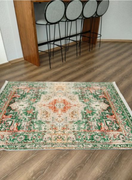 Drom Kaymaz Tabanlı Yıkanabilir Yeşil Etnik Modern Salon Koridor Mutfak Halısı