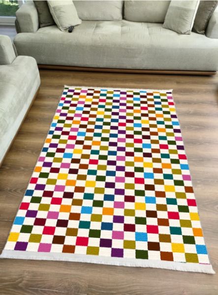 Drom Kaymaz Tabanlı Yıkanabilir Multi Damalı Modern Salon Koridor Mutfak Halısı