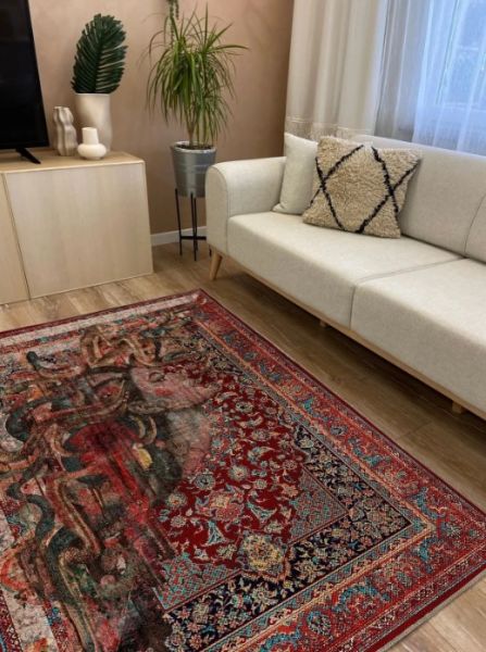 Drom Kaymaz Tabanlı Yıkanabilir Etnik Anadolu Kadın Motifli Modern Halı
