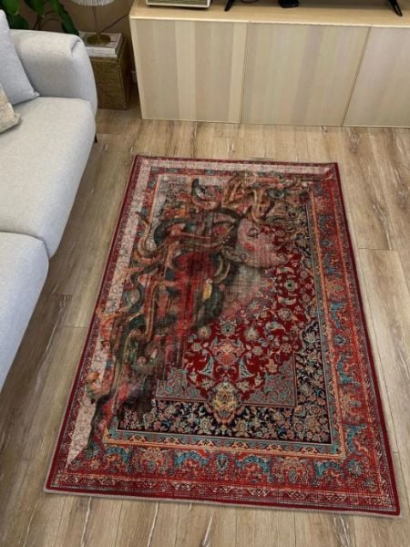 Drom Kaymaz Tabanlı Yıkanabilir Etnik Anadolu Kadın Motifli Modern Halı