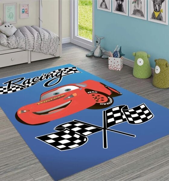 Cino 88 Kırmızı Şimşek Yarış Arabası Erkek Çocuk Odası Oyun Halısı Mavi