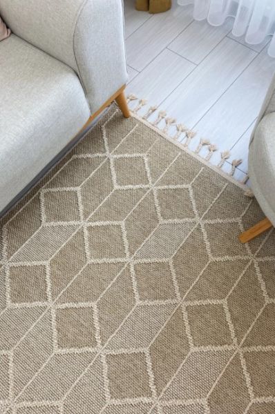 Eko Halı Soho SH 03 Bej Örgü Saçaklı Hav Toz Vermez Hasır Dokuma Modern Makine Halısı 100x300cm
